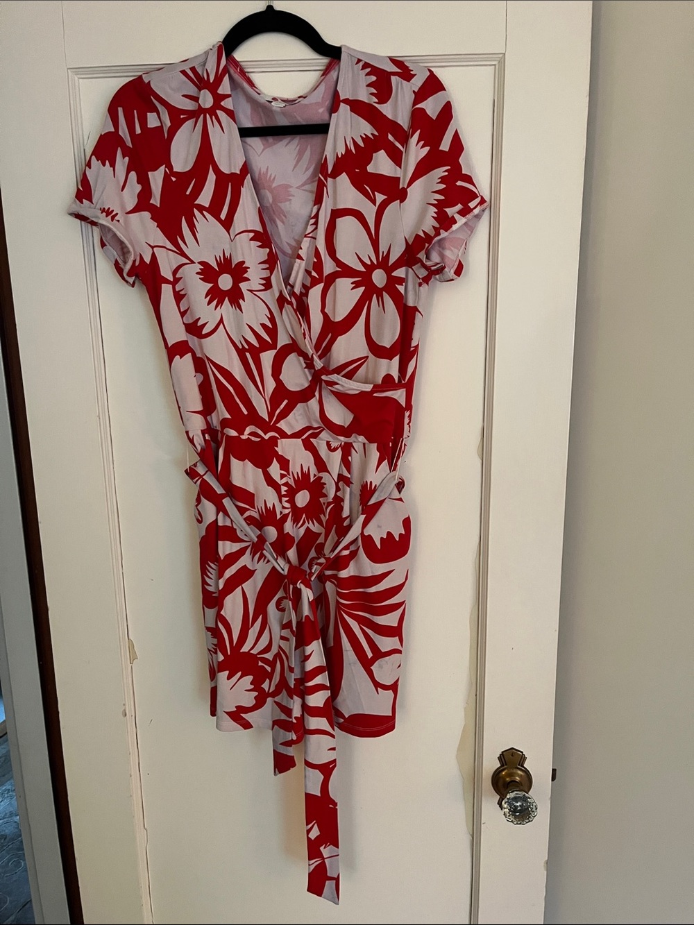 Boden Red & White Floral Short Sleeve Wrap Romper